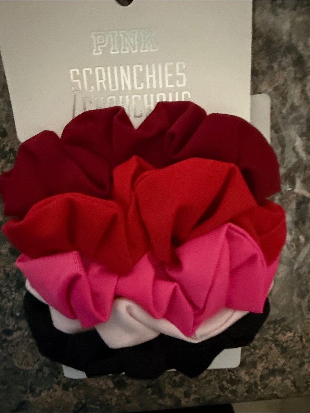 PINK Scrunchies 5 Pack in Red, Pink, White & Black - N